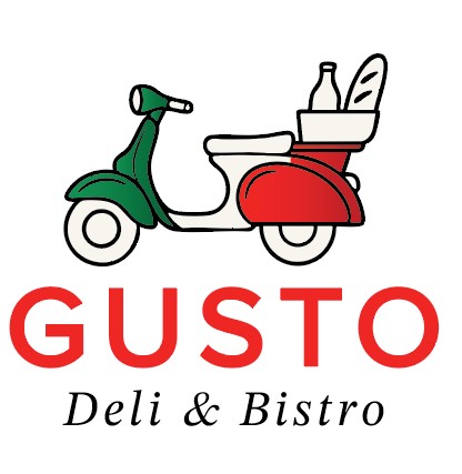 Gusto Deli & Bistro main logo featuring their iconic Green, White and Red Vespa, red GUSTO letters and Deli & Bistro in black under GUSTO.